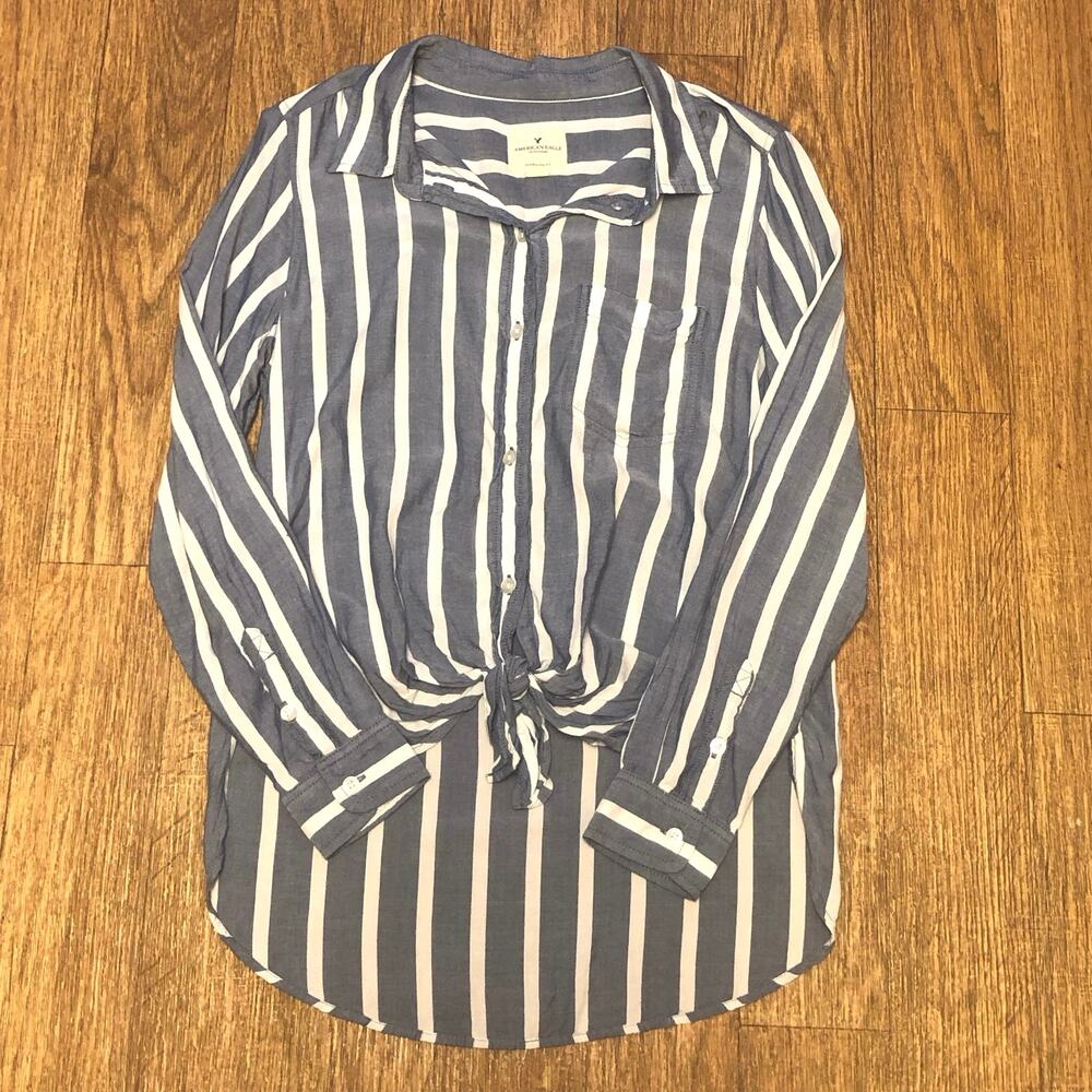 American Eagle Blue White Striped Tie Front High Low Button Front Shirt Size XS
